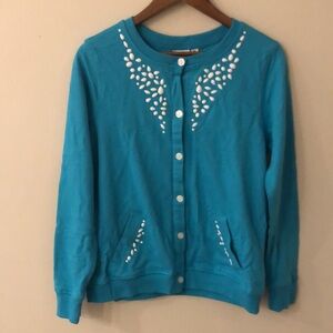 Kim Rogers Petites  Aqua blue Knit button front cardigan white beaded decor PM